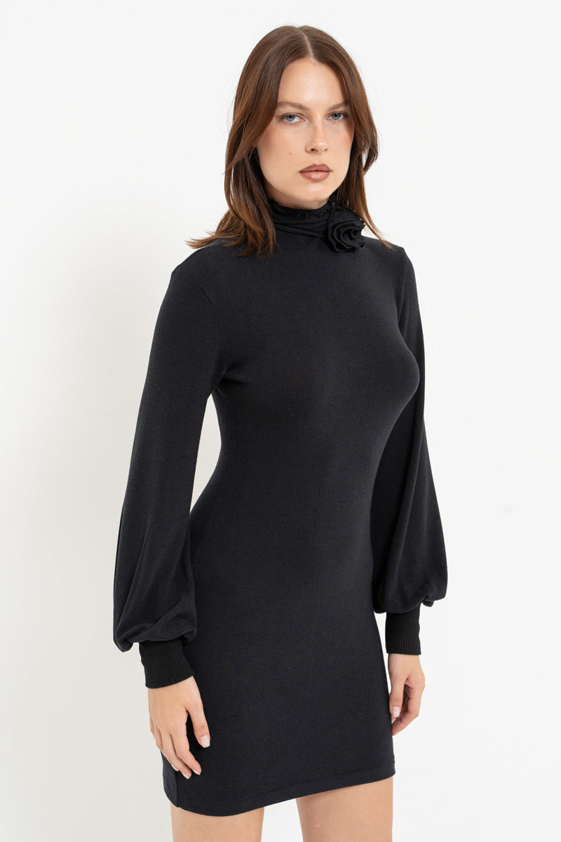 Black Rose Detail High-Neck Dress