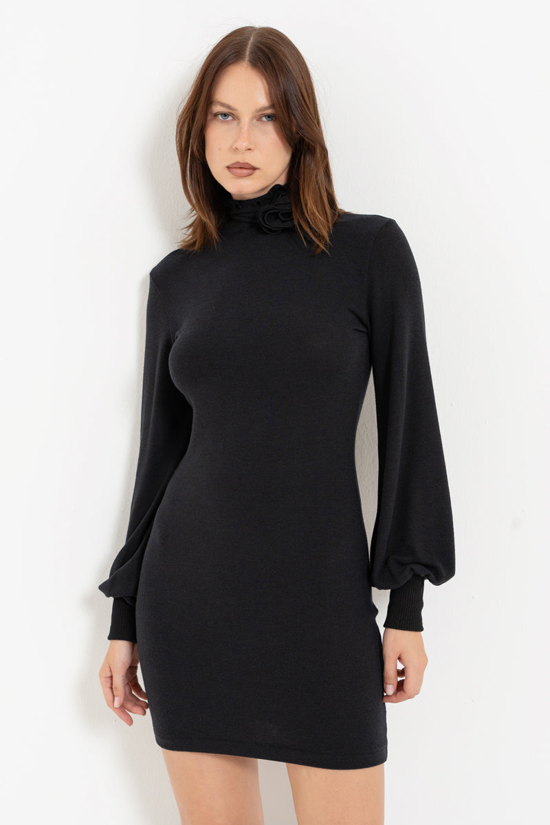 Black Rose Detail High-Neck Dress