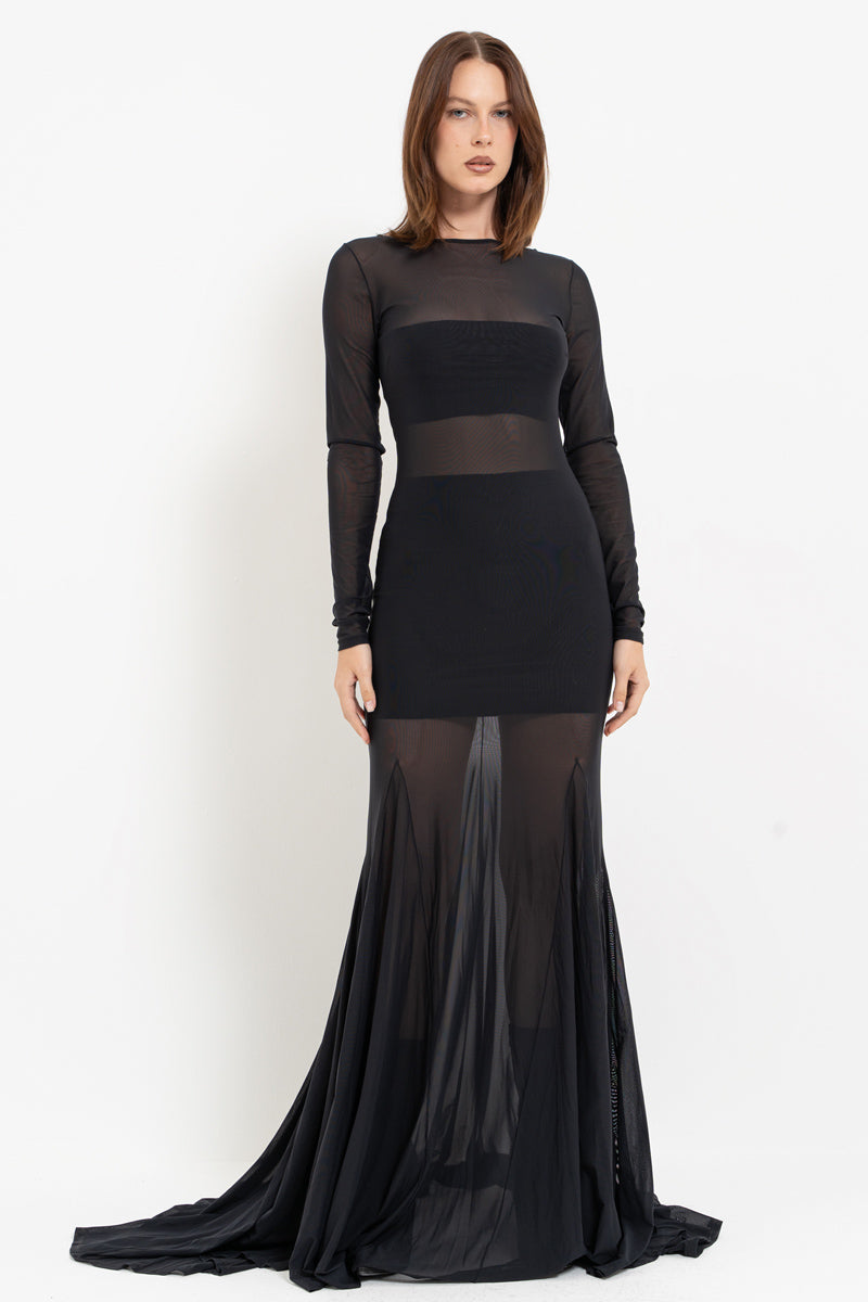 Black Sheer Maxi Dress with Skirt Detail