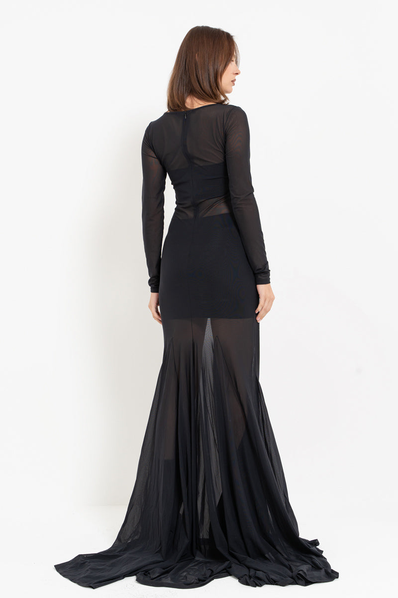 Black Sheer Maxi Dress with Skirt Detail