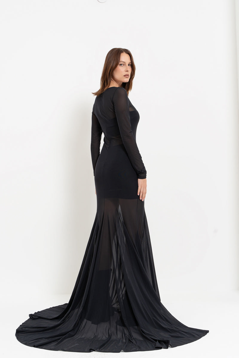 Black Sheer Maxi Dress with Skirt Detail