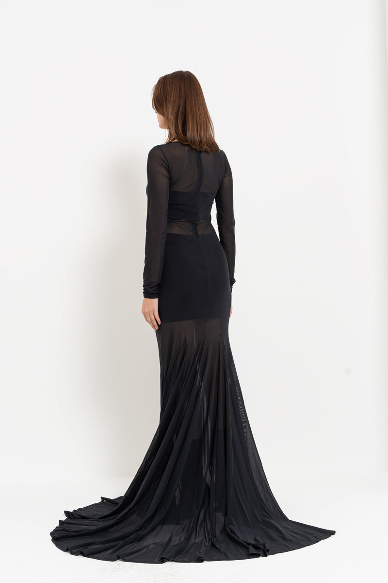 Black Sheer Maxi Dress with Skirt Detail