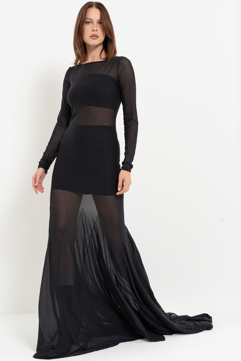 Black Sheer Maxi Dress with Skirt Detail