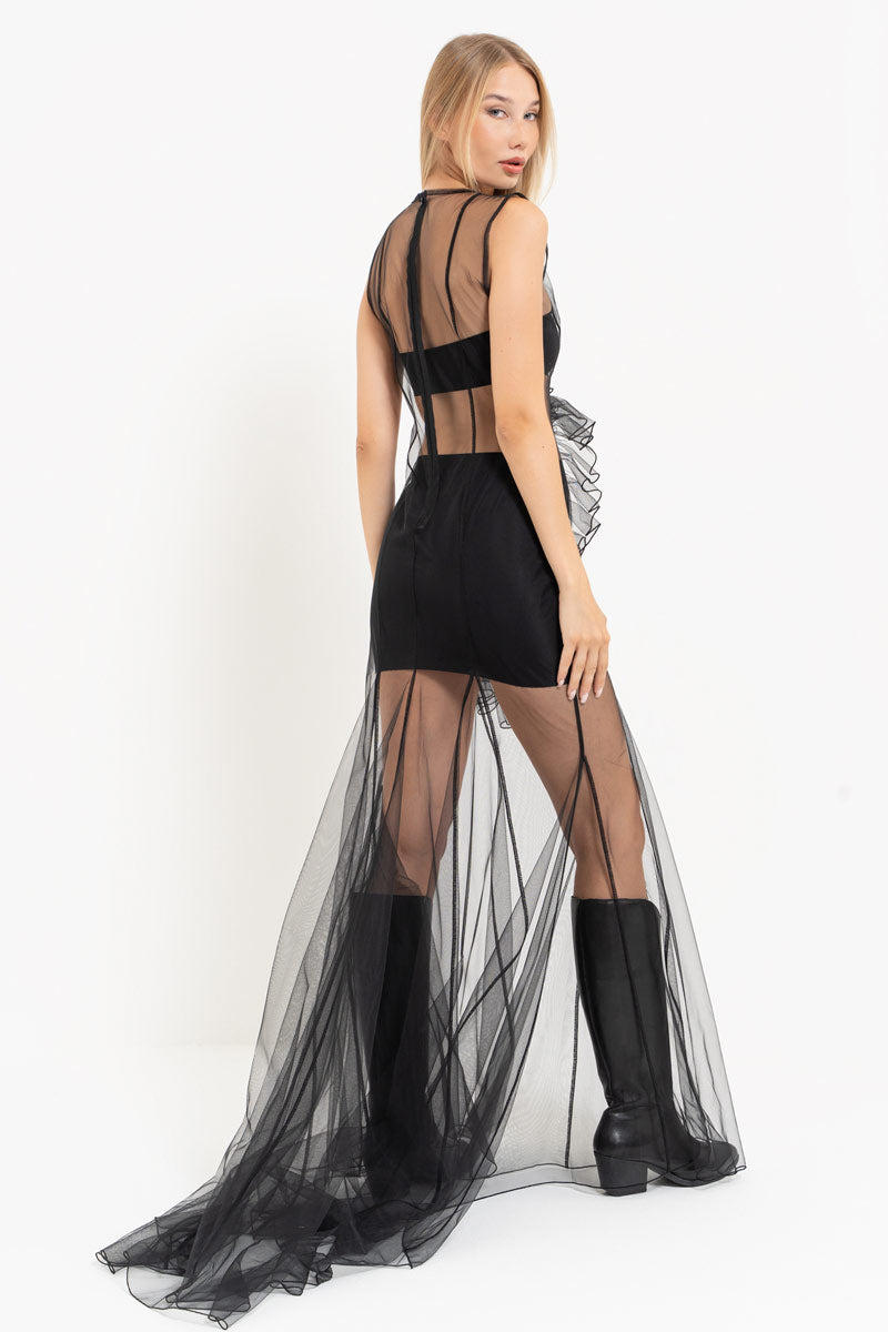 Black Sleeveless Maxi Tulle Dress