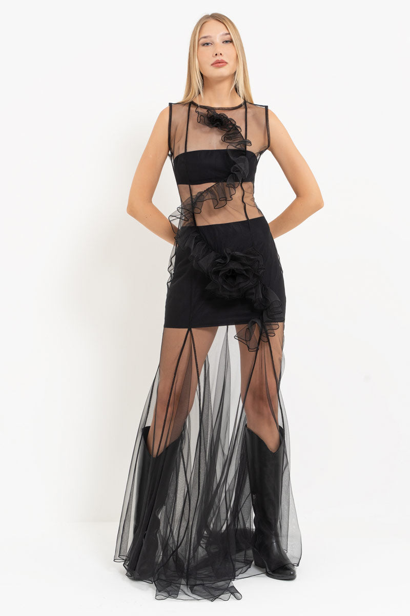 Black Sleeveless Maxi Tulle Dress