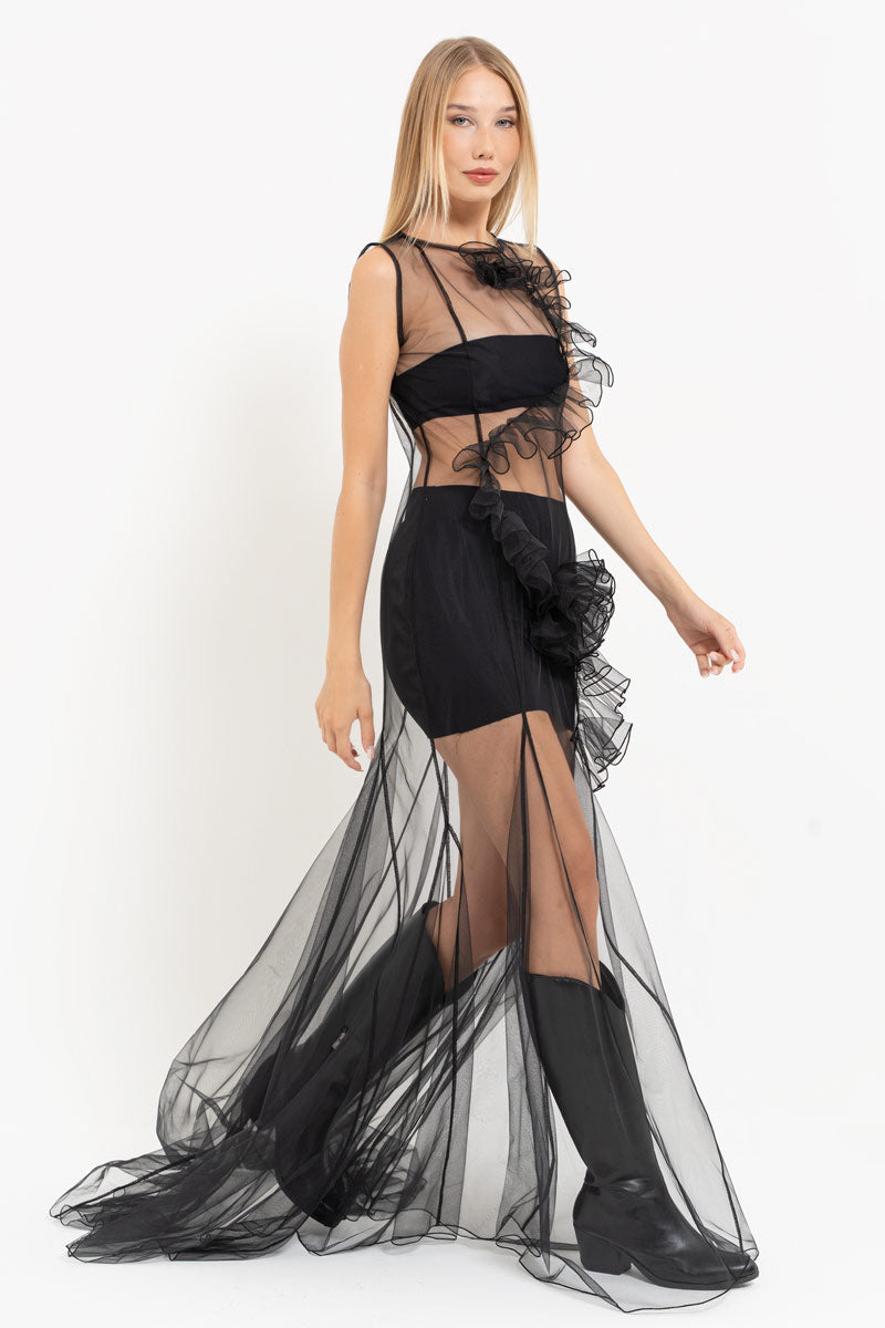 Black Sleeveless Maxi Tulle Dress