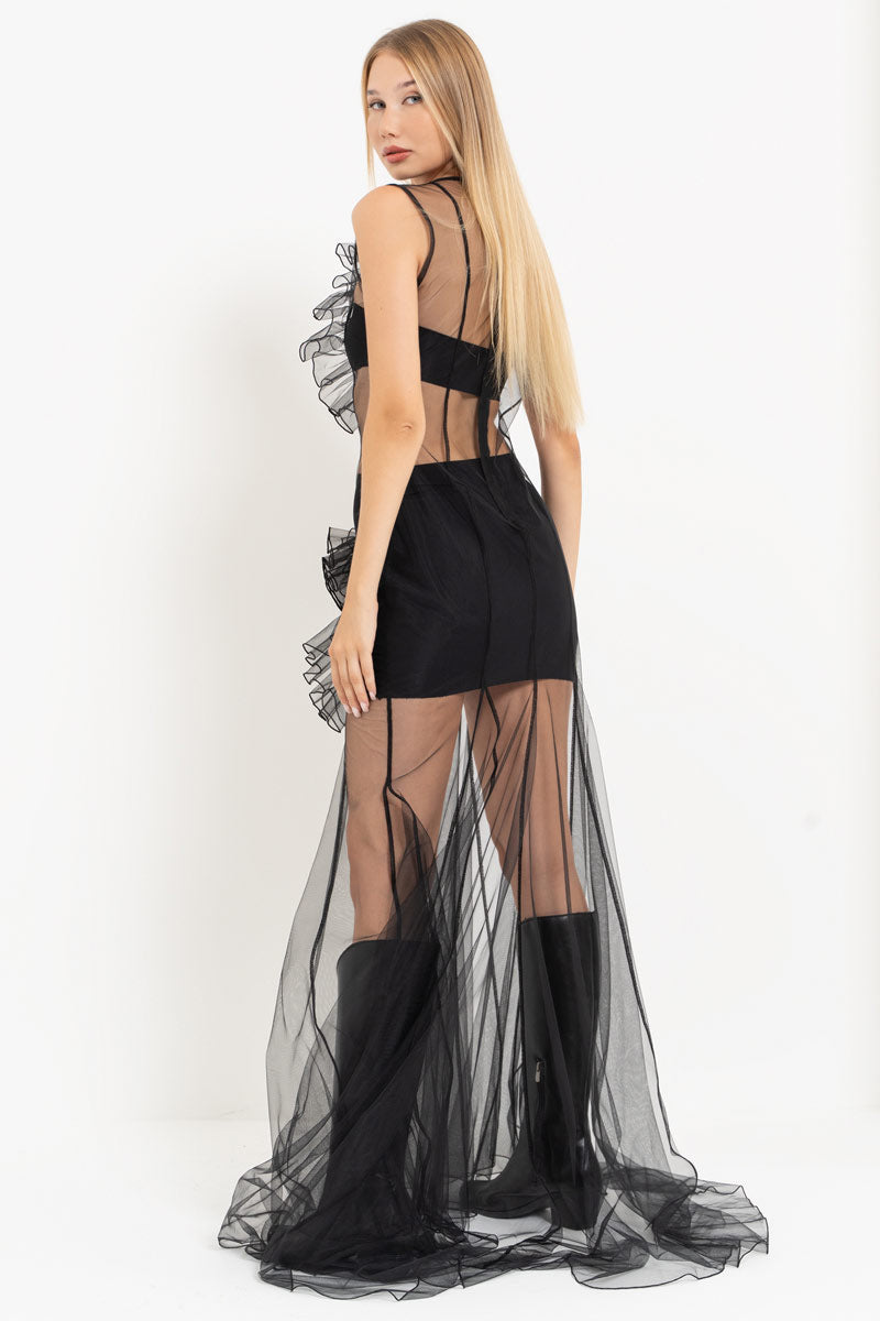 Black Sleeveless Maxi Tulle Dress