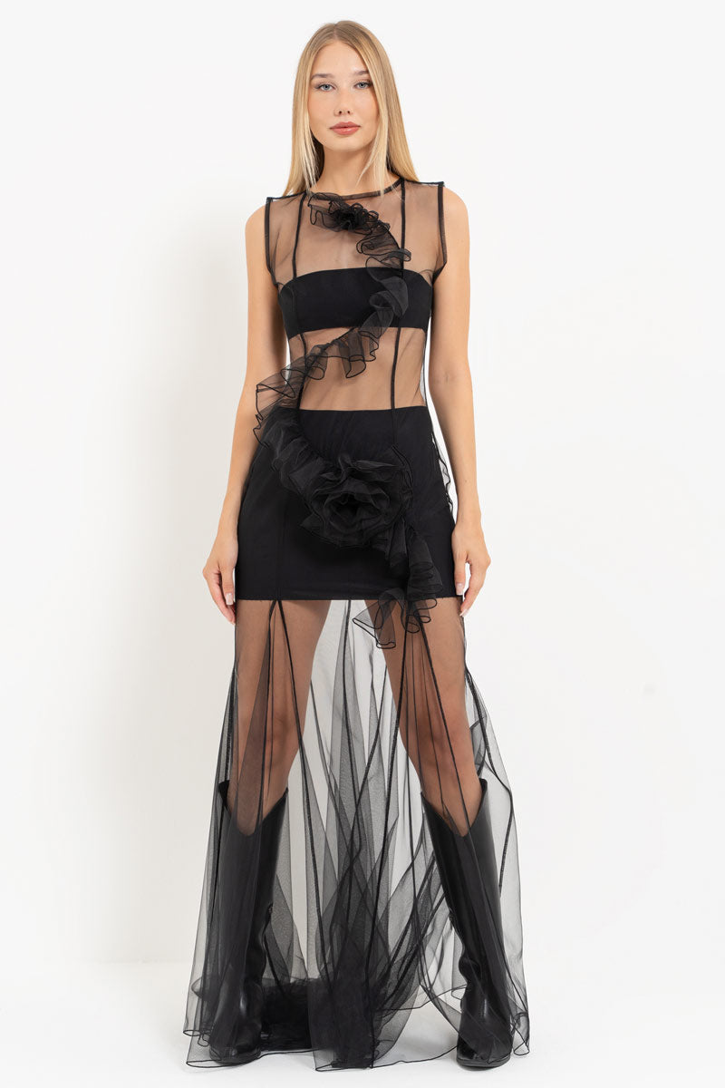 Black Sleeveless Maxi Tulle Dress