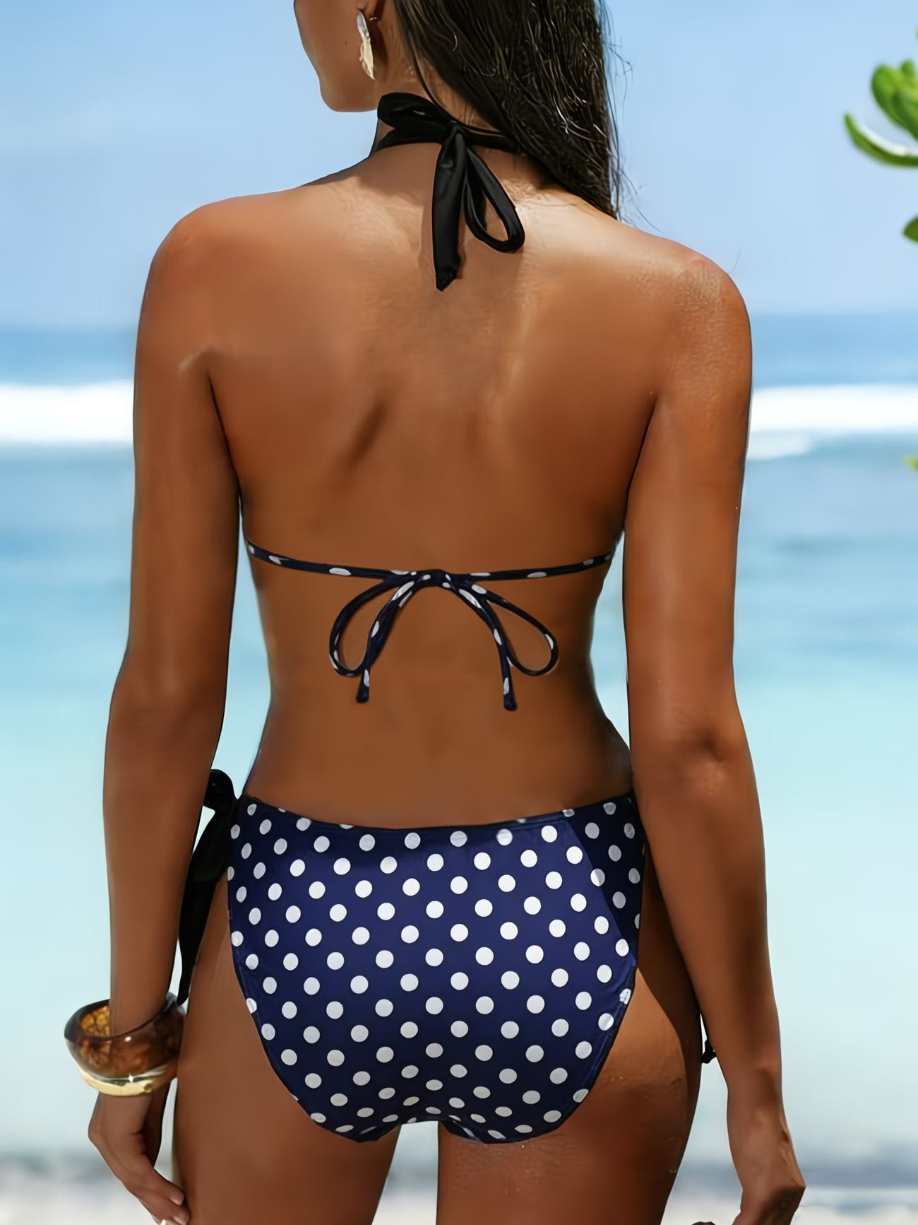 Navy Polka Dot Starfish Shell Charm Halter Bikini Set