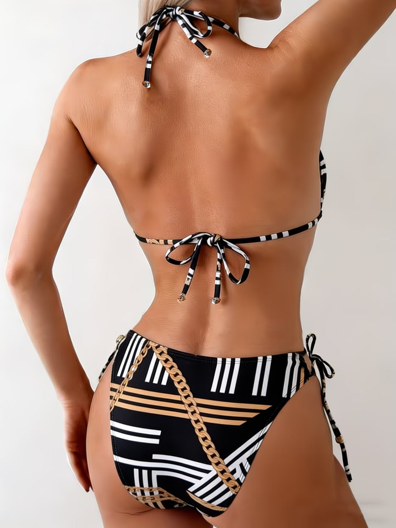 Geometric Halter Lace-Up Black Bikini Set