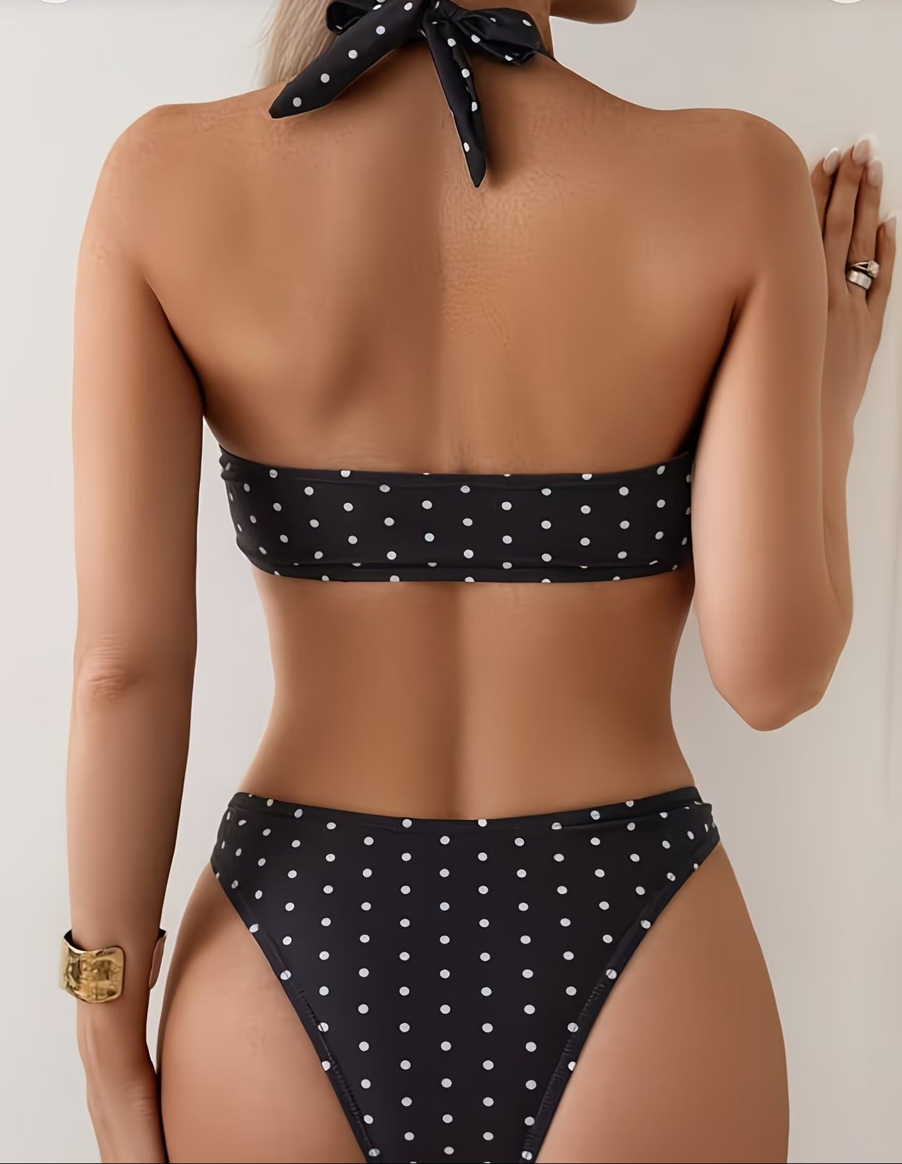 White Polka Dot Push-Up Triangle Cut-Out Black Bikini Set