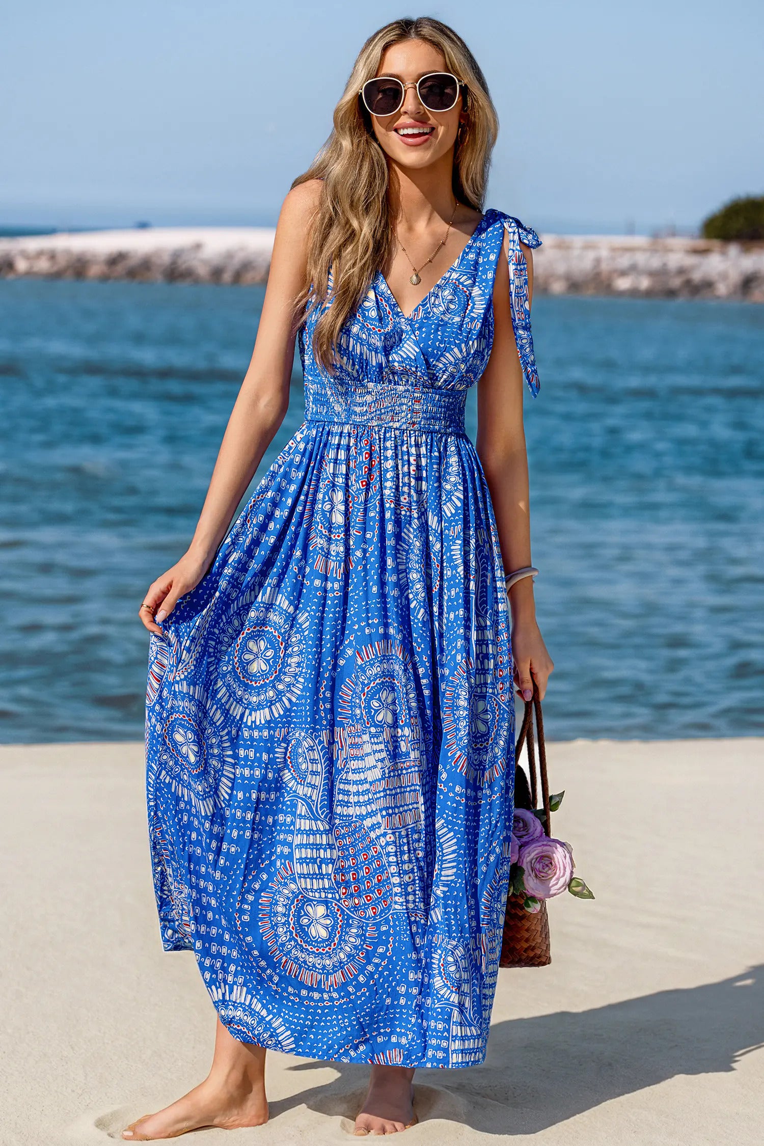 Berry Abstract Plunge Neck Maxi Dress