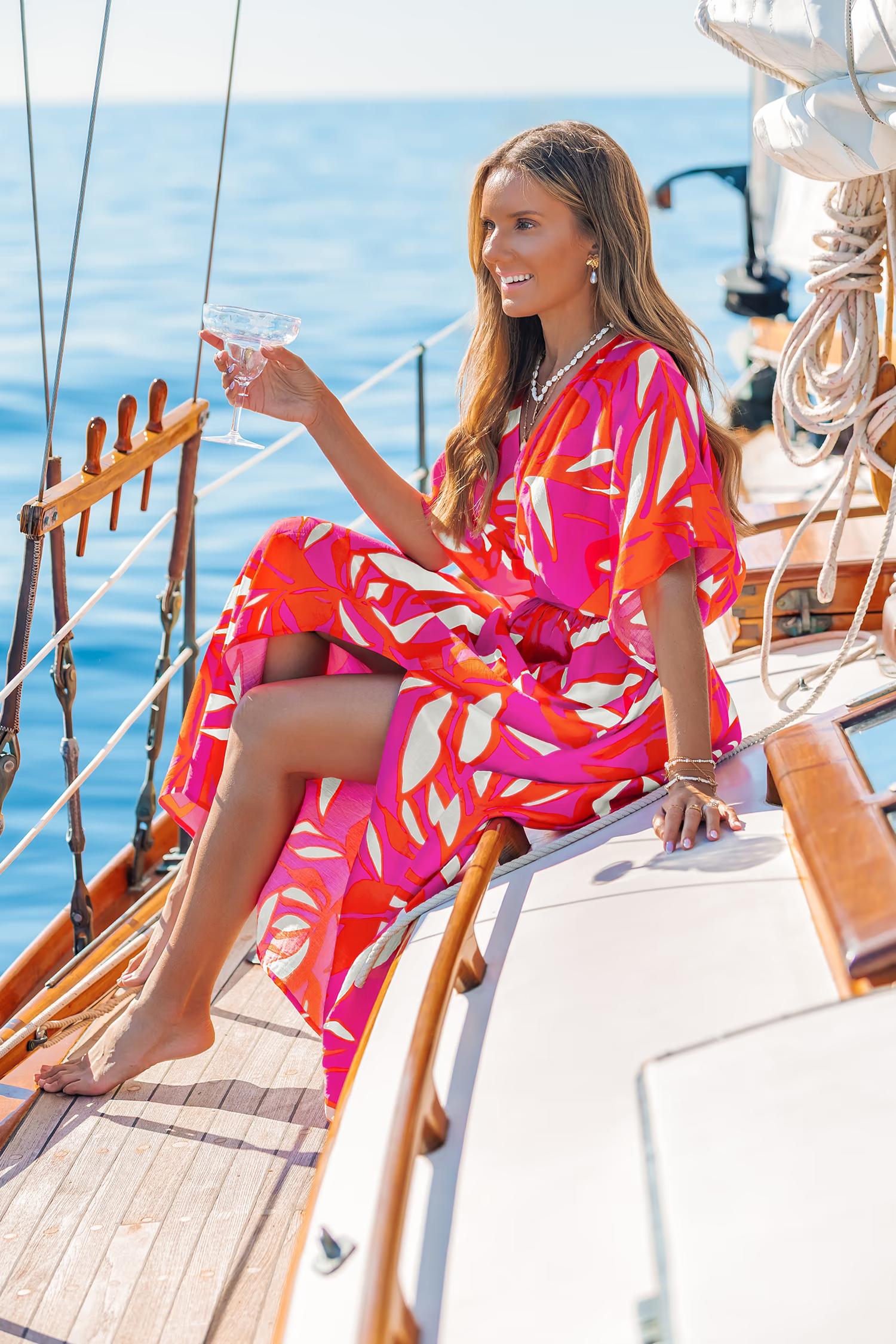 Tropical V-Neck Dolman Sleeve Midi Dress