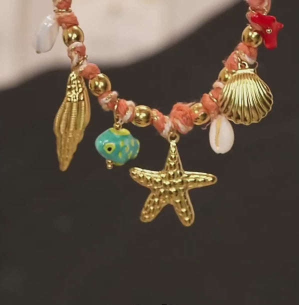 Braided Red Rope Sea Charms Necklace