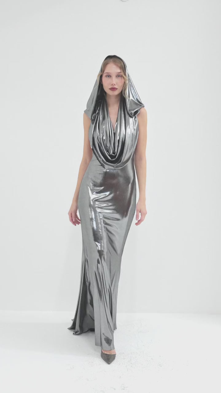 Silver Hooded Cowl Neck Shimmer Maxi Dress