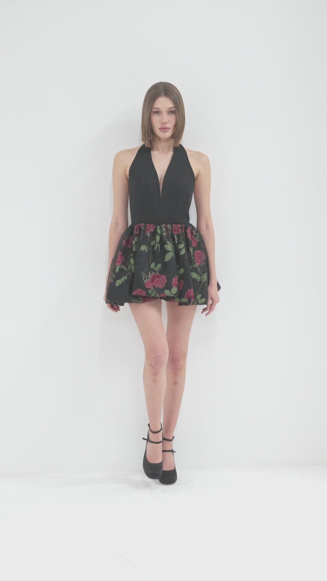 Black Halter Neck Mini Dress with Balloon Skirt