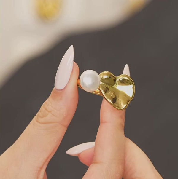 Heart & Simulated Pearl Adjustable Ring