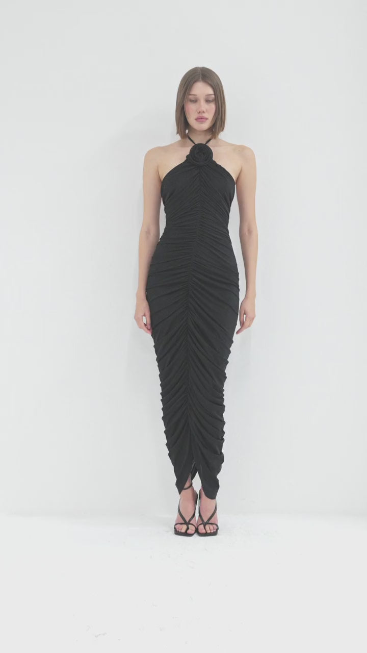 Black Ruched Dress with Open Back and Rose Detail