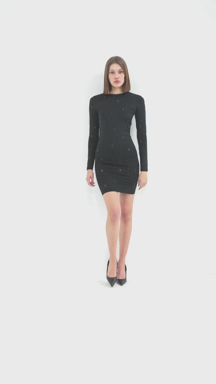 Long Sleeve Mini Dress with Stone Appliqué