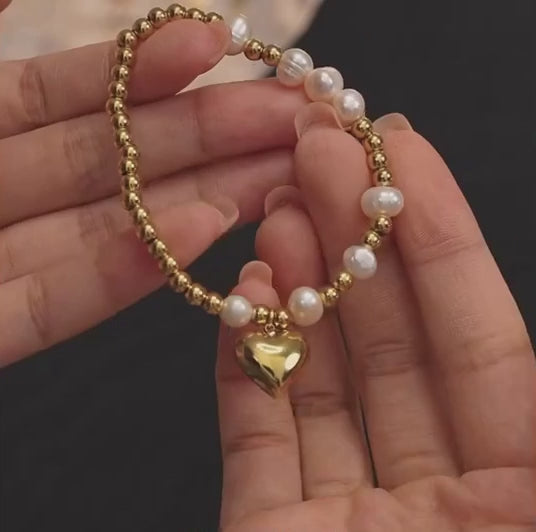Natural Pearl Round Steel Bead Drop Heart Bracelet
