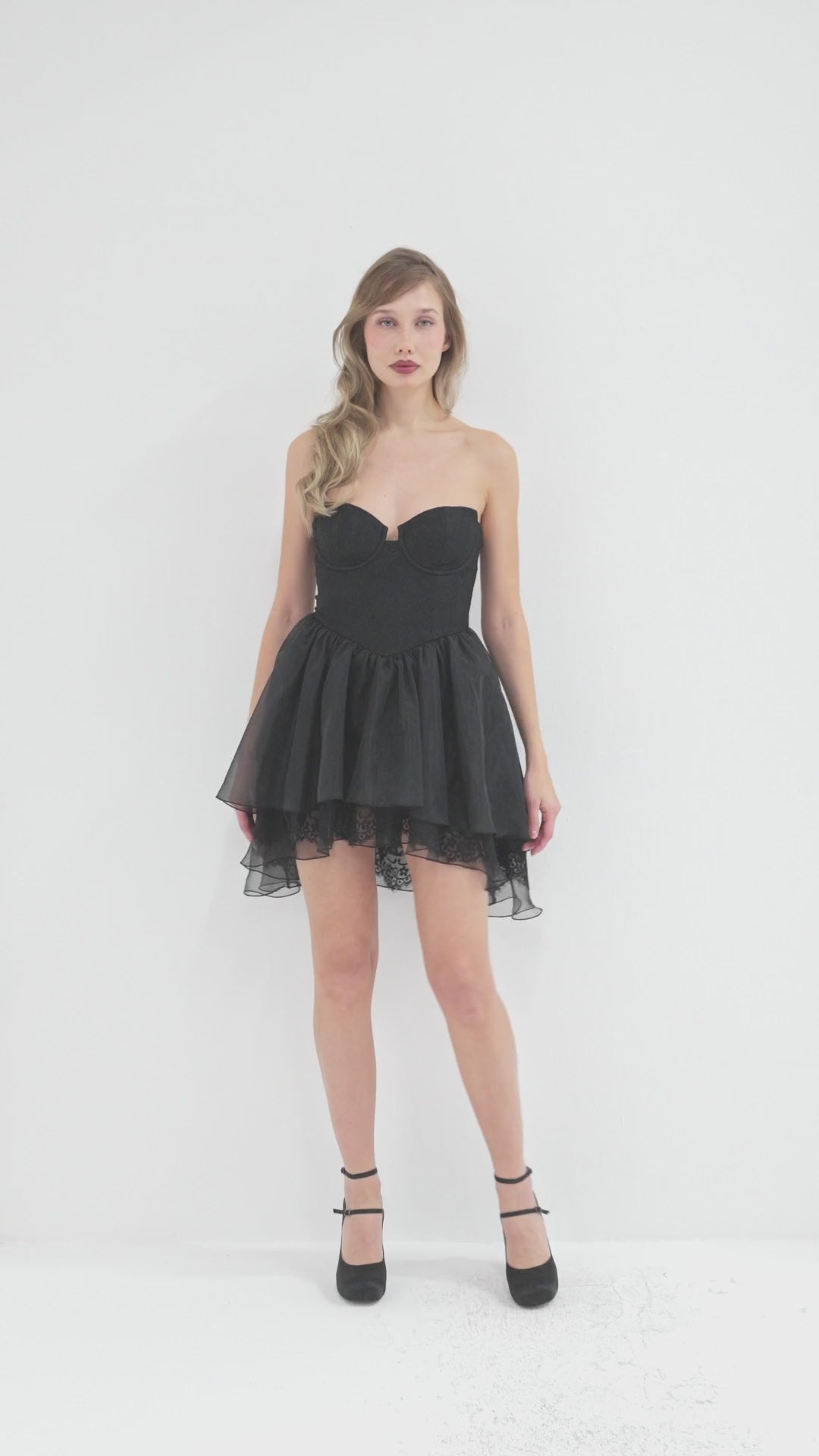 Black Strapless Mini Dress with Organza Skirt