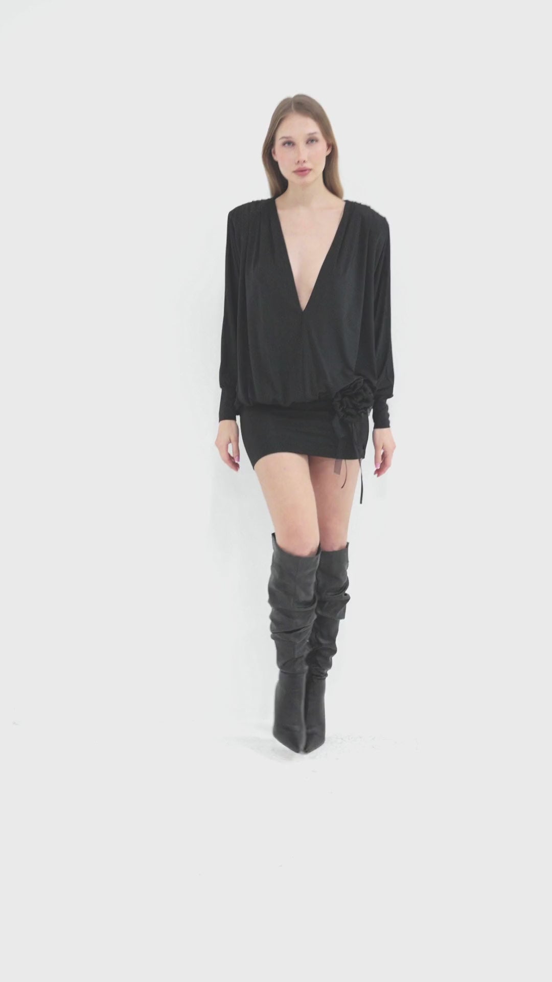 Black Batwing Sleeve V-Neck Mini Dress