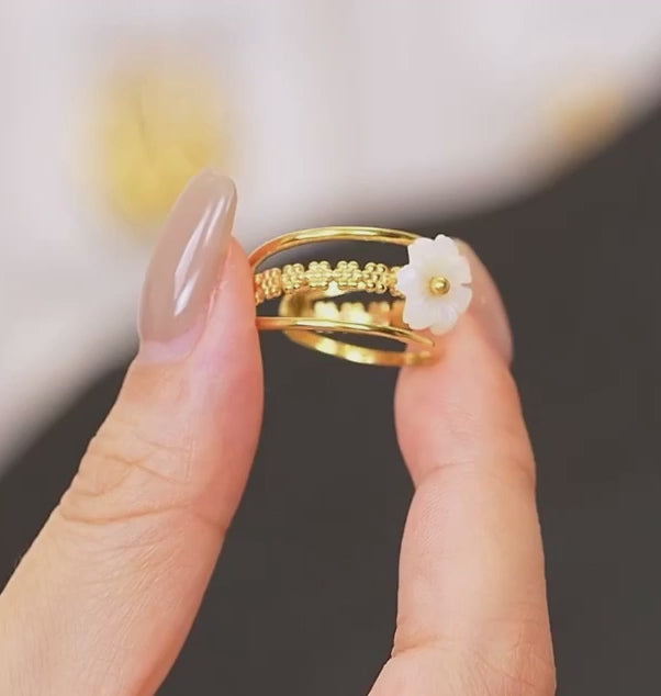 Natural Shell Flower Metal Hollow Adjustable Open Ring