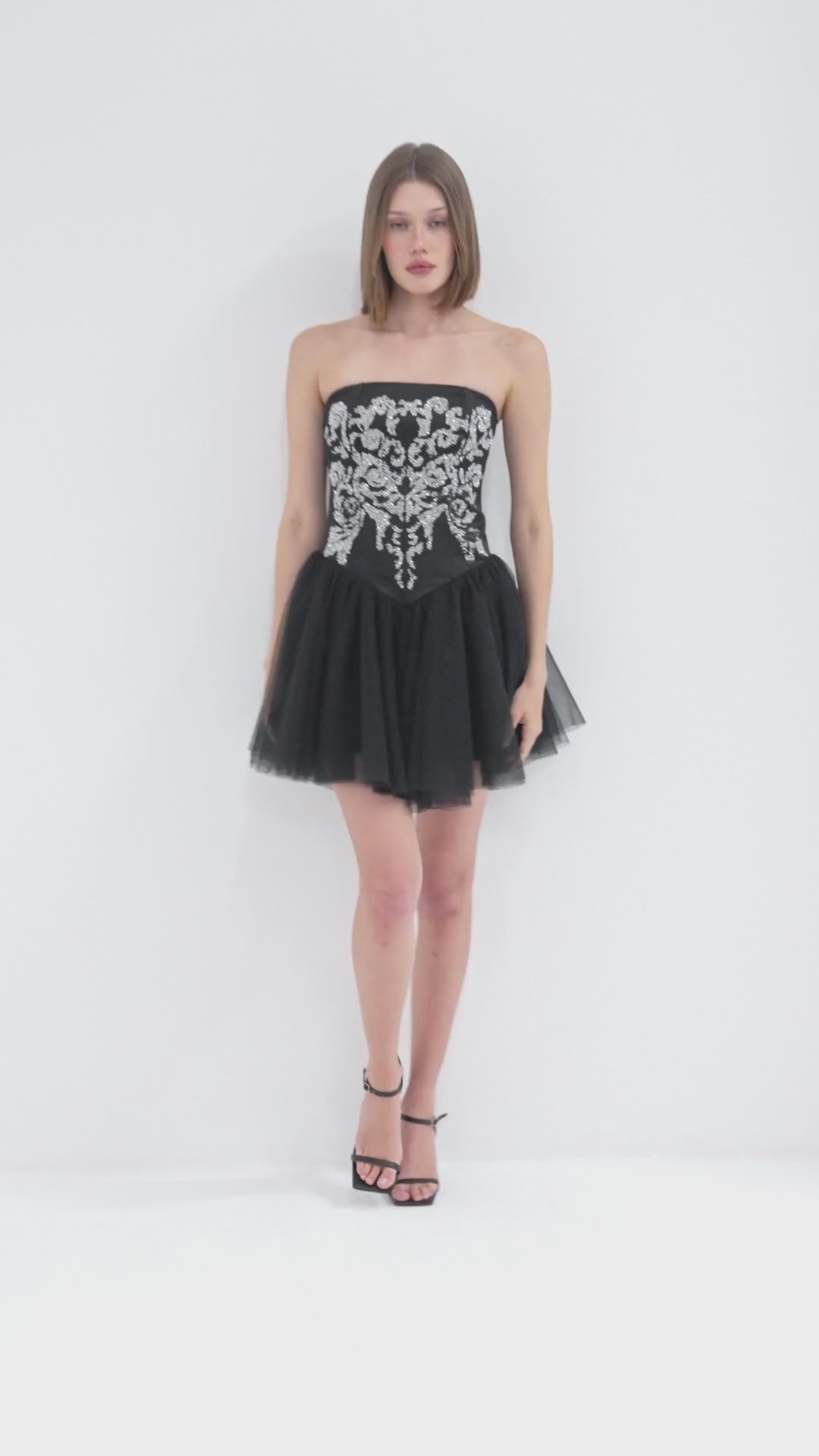 Black-Silver Embellished Strapless Mini Tutu Dress