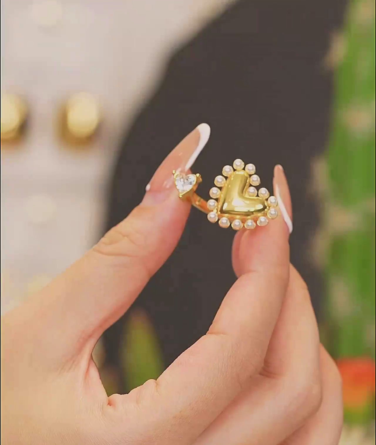 Adjustable Zircon & Simulated Pearl Heart Open Ring