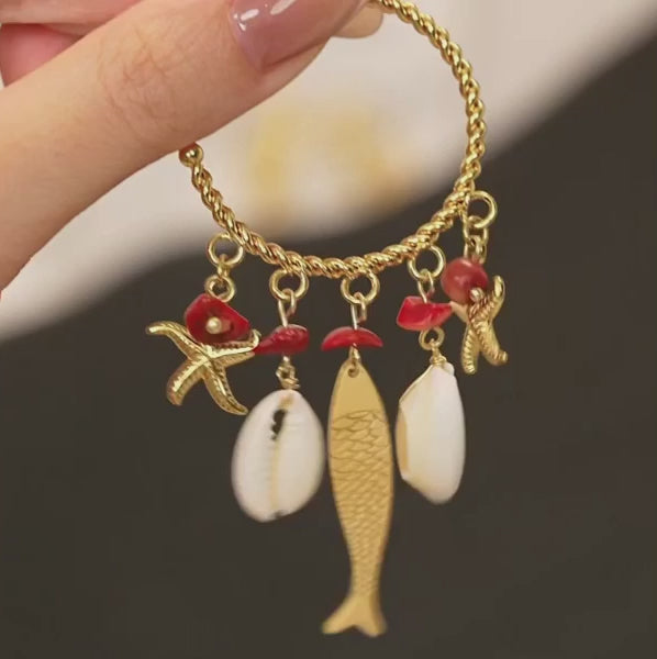 Natural Red Stone & Sea Charms Gold Hoop Earrings