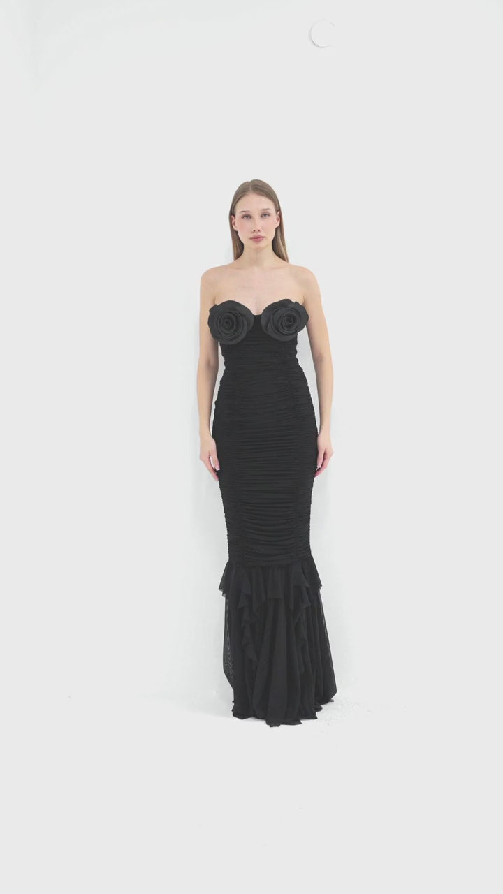 Black Rose-Detail Strapless Long Dress
