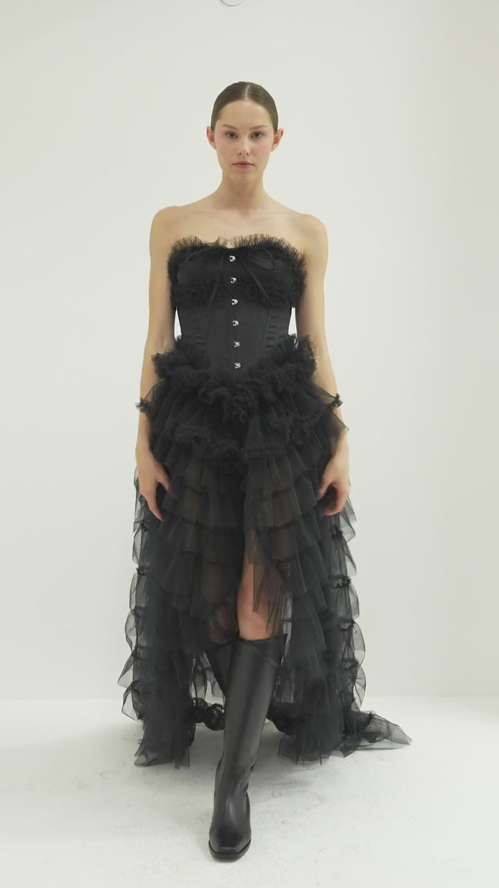 Black Strapless Bustier with Ruffled Tulle Skirt