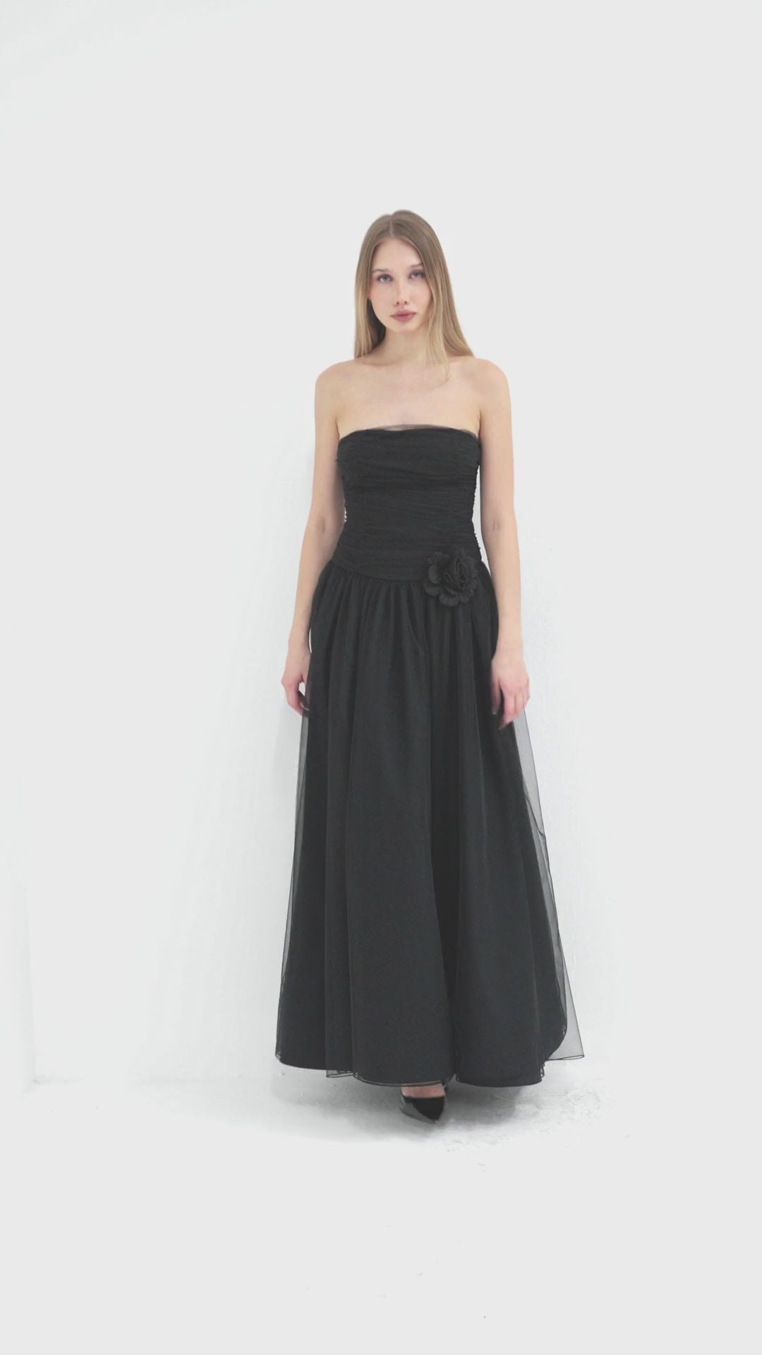 Rose-Detail Strapless Ruched Maxi Dress