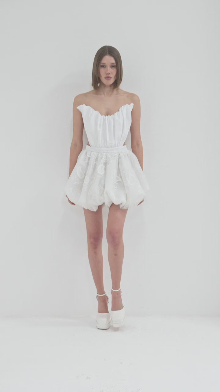 Off-White Strapless Mini Dress with Lace-Up Back Detail