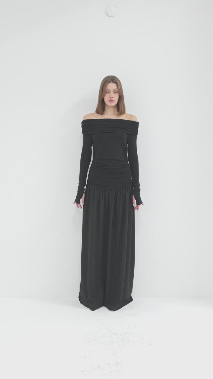 Black Off-Shoulder Ruched Maxi Dress