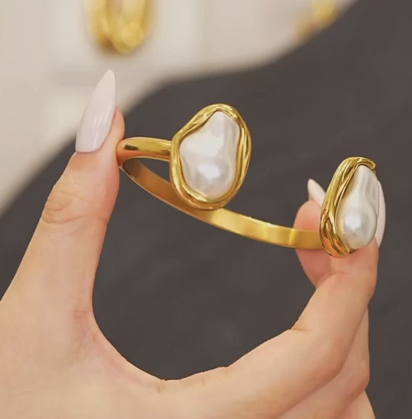 Inlaid Double Natural Pearl Cuff Bracelet