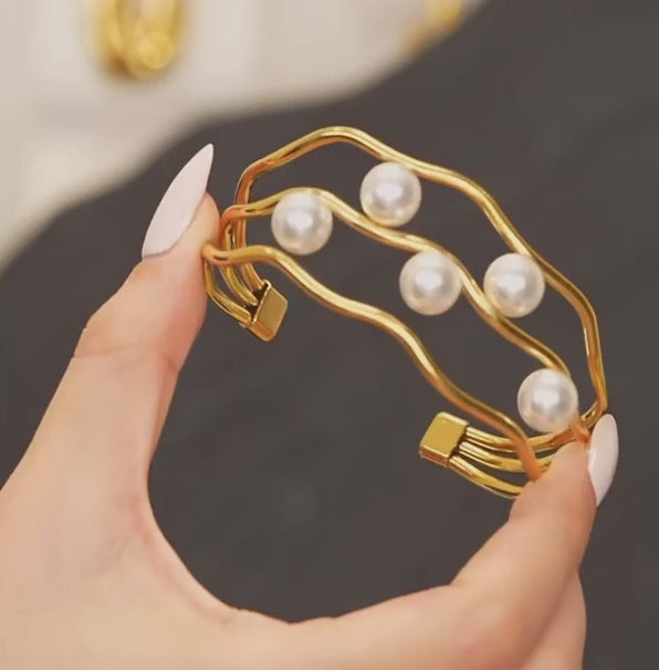 Simulated Pearl Layered Hollow Cuff Bracelet