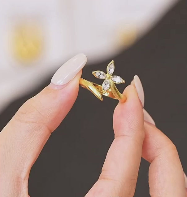Adjustable Flower & Cubic Zircon Open Ring