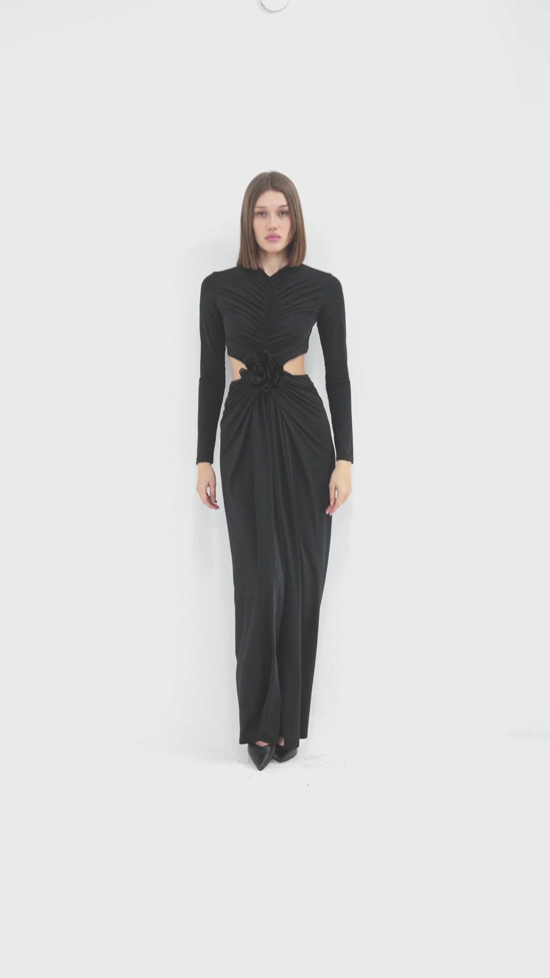 Long Sleeve Maxi Dress with Front Ruching and Rose Detail