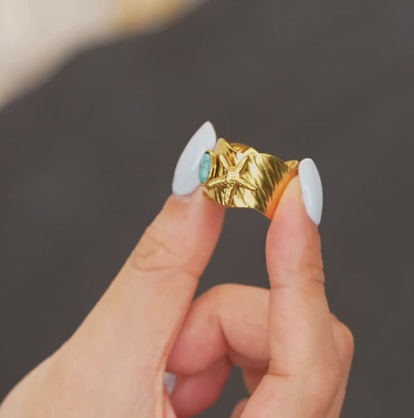 Starfish & Natural Blue Turquoise Stone Adjustable Ring