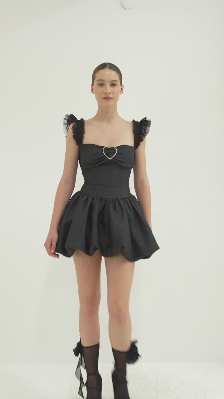 Black Ruffled Heart Detail Mini Dress