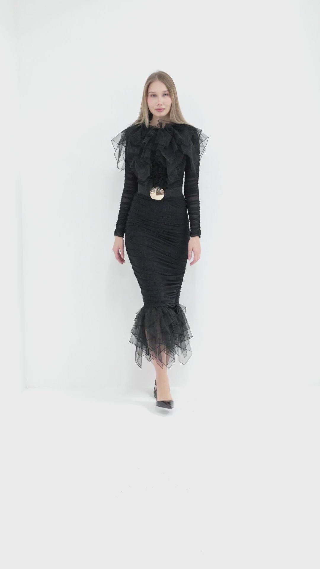 Black Dress with Ruffle Tulle Detail and Detachable Belt