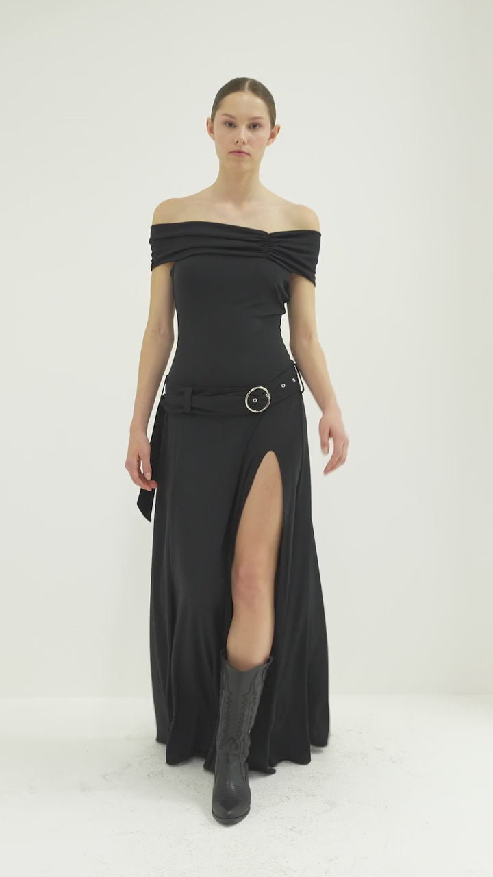 Black Belted Boat Neck Maxi Dress