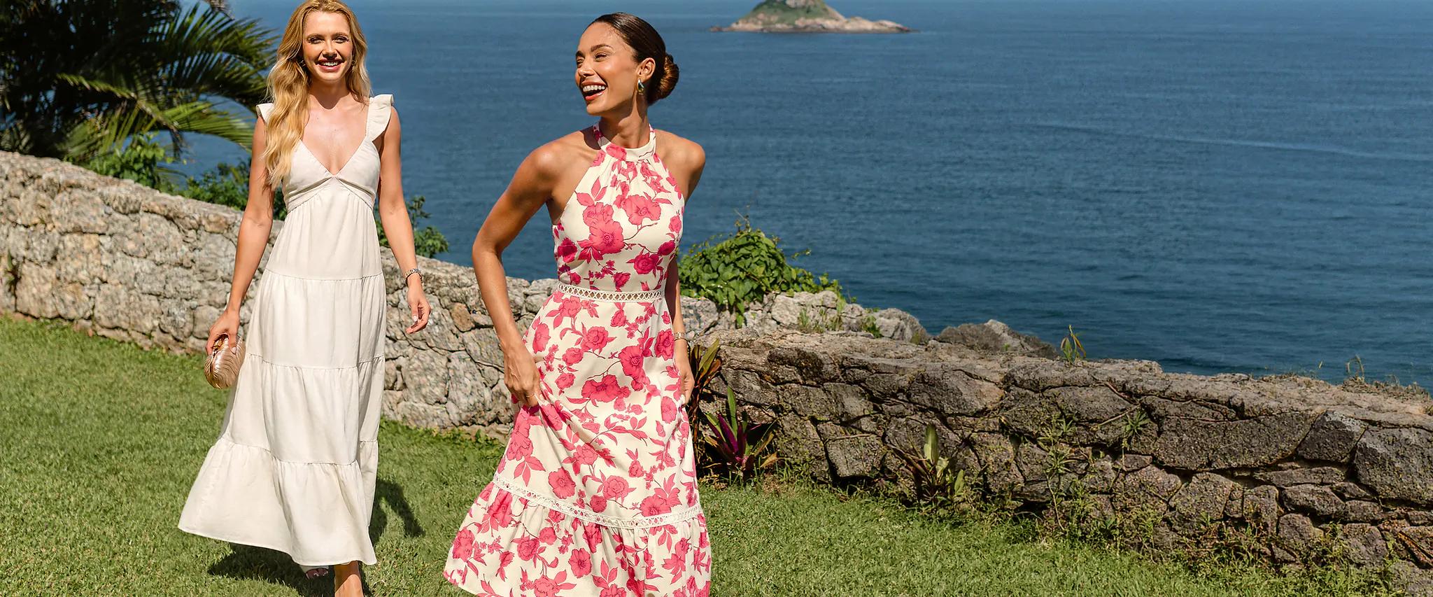 trendy women’s resortwear collection with lightweight tops, vacation dresses, cover-ups and stylish bottoms for beachwear and summer getaway outfits.